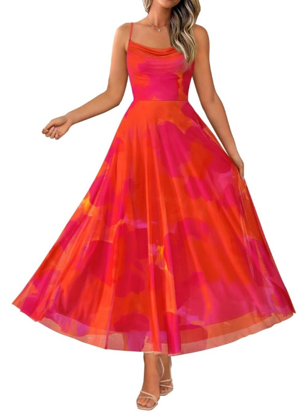 Women's Summer Floral Maxi Spaghetti Strap Orange Red Printed Beach Dress